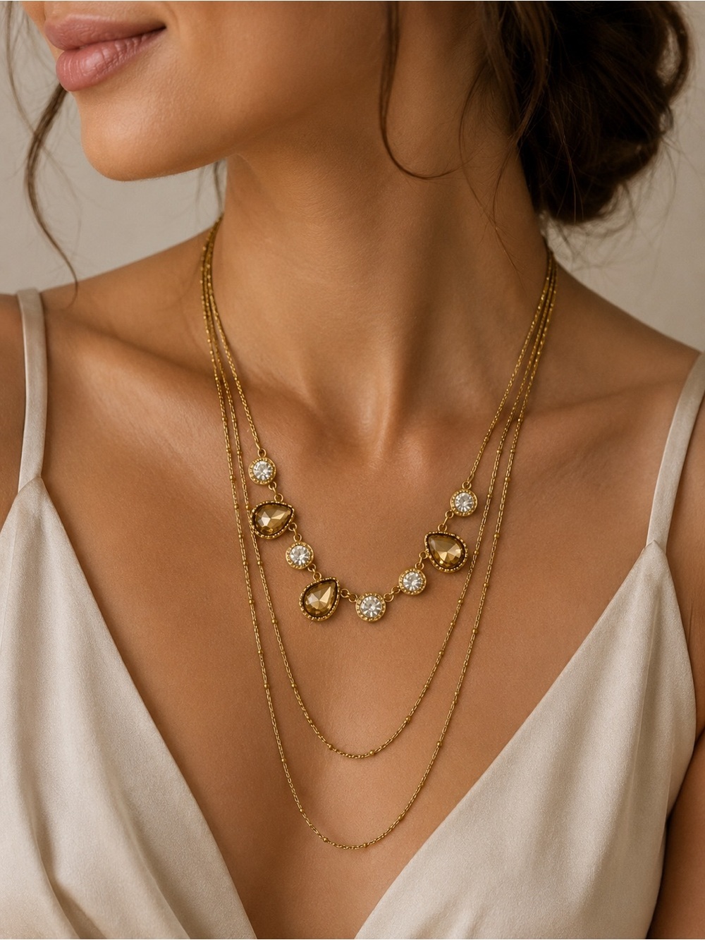 Gold Layered Teardrop and Crystal Pendant Necklace - Women Jewelry - Picture 4 of 5